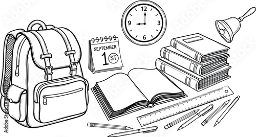 Back to school supplies illustration with backpack books and clock