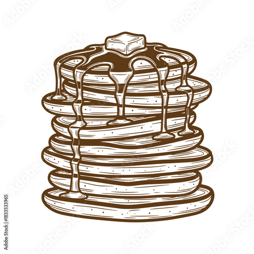 Stack of pancakes with syrup and butter vintage sketch style breakfast treat