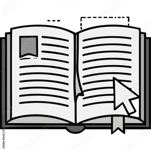Open book with cursor arrow icon displaying reading information and digital data on white pages with ribbon bookmark and grey cover on black background illustration