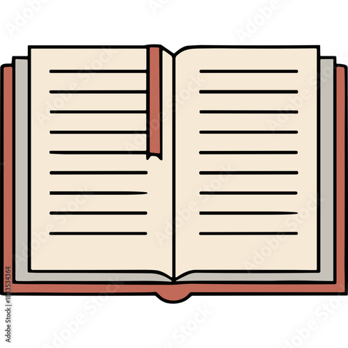 Open Book With Many Pages And A Bookmark In The Center On A White Background Featuring Cream Colored Pages And A Red Cover With Simple Lines Indicating Text And A Vertical Ribbon Marker
