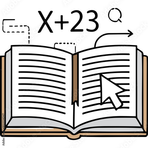 Open book with mathematical equations floating around and a cursor hovering over the text symbolizing education learning and digital knowledge acquisition
