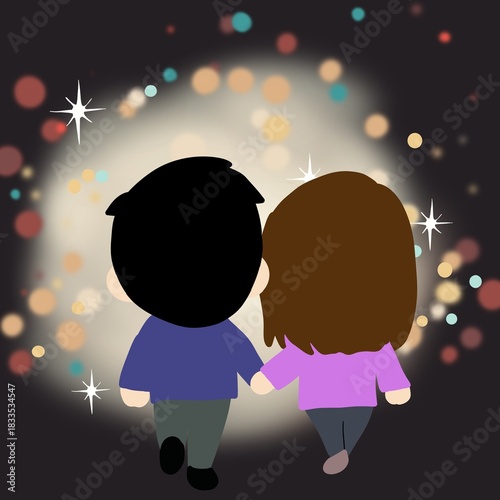 イルミネーションの中:カップルがイルミネーションの中で手をつなぐ