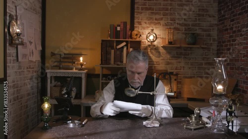 Man in 1901 using a hands free magnifying glass