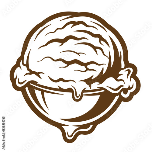 Vintage sketch illustration of delicious ice cream scoop in a brown bowl