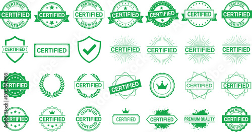 Collection of green certified stamps and badges for quality assurance