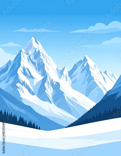 Stylized illustration of towering snow-capped mountains