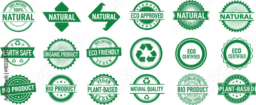 Collection of green natural and organic product labels and badges