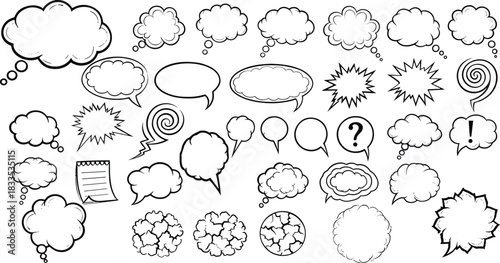 Collection of hand drawn comic book speech bubbles and thought clouds