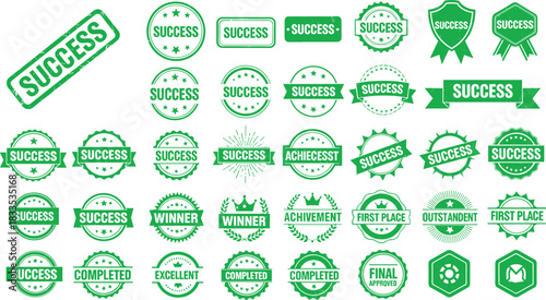 Collection of green success and achievement rubber stamps