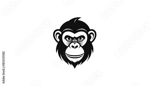 Stylized monochrome ape head, facing forward against white background