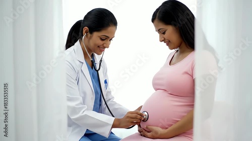 Indian Doctor Examining Pregnant Woman's Belly with Stethoscope