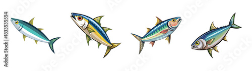 Illustration of various types of fish including tuna and mackerel for seafood market design