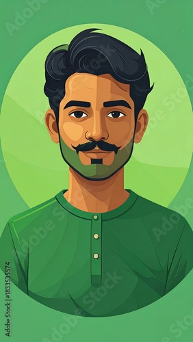 Stylized portrait of a man with dark hair and a green beard