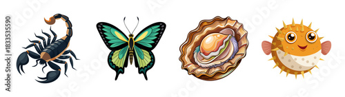 Illustration of scorpion butterfly oyster and pufferfish cartoon vector graphic design art