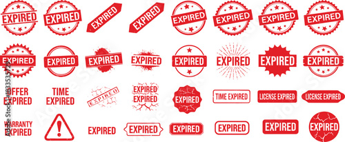 Collection of red expired stamps and warning signs