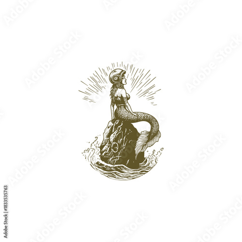 Unique vintage illustration of a mermaid sitting on a rock in the ocean, wearing a retro diving helmet
