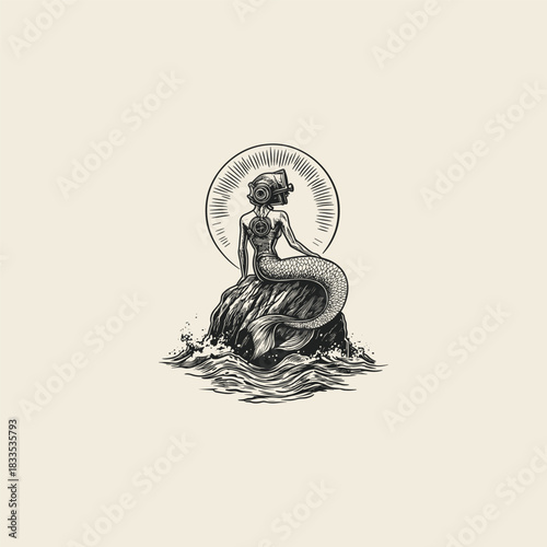 Unique vintage illustration of a mermaid sitting on a rock in the ocean, wearing a retro diving helmet