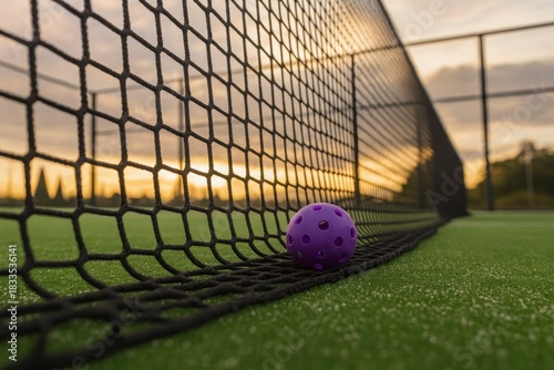A purple pickleball rests near the net on a green court. The background features a sunset with warm colors, creating a serene atmosphere for the sport.