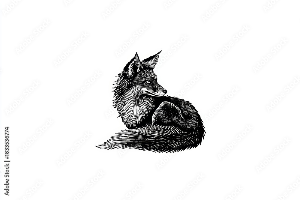 Fototapeta premium An artistic sketch of a fox lying down, gazing backward with an air of alertness. The drawing captures intricate details of its fur