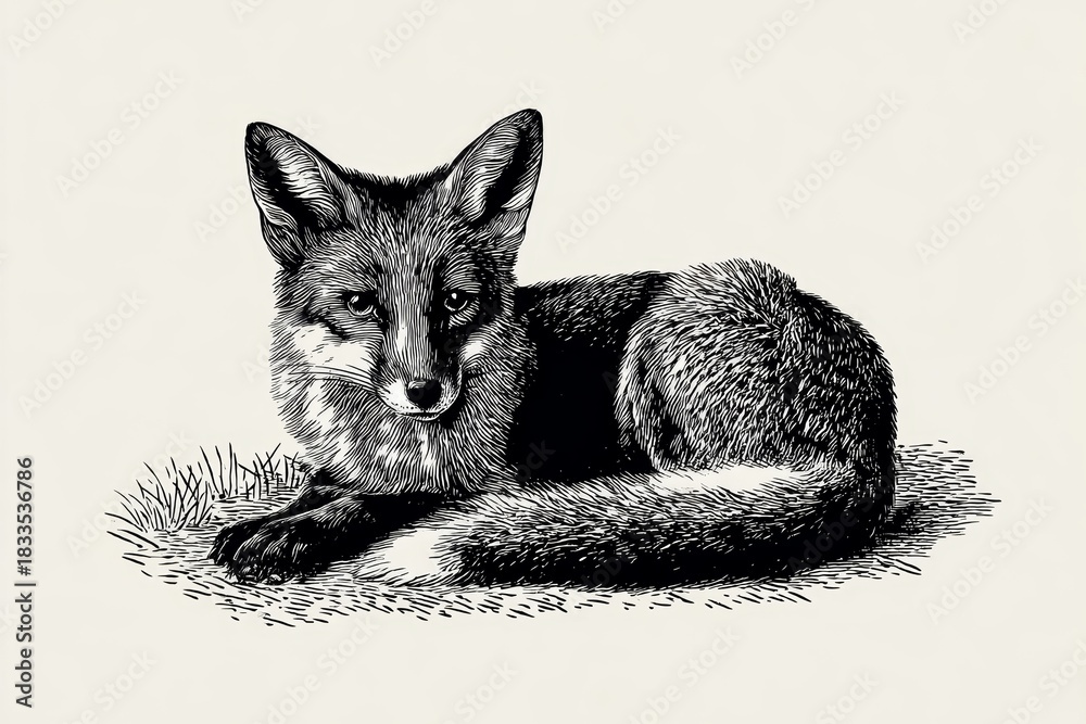 Naklejka premium An detailed vintage illustration of a resting fox. The image showcases the fox in a relaxed pose