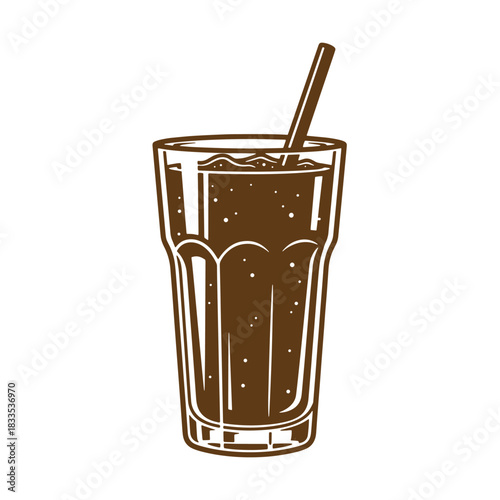 A classic vintage sketch of a tall glass of refreshing cold drink with straw