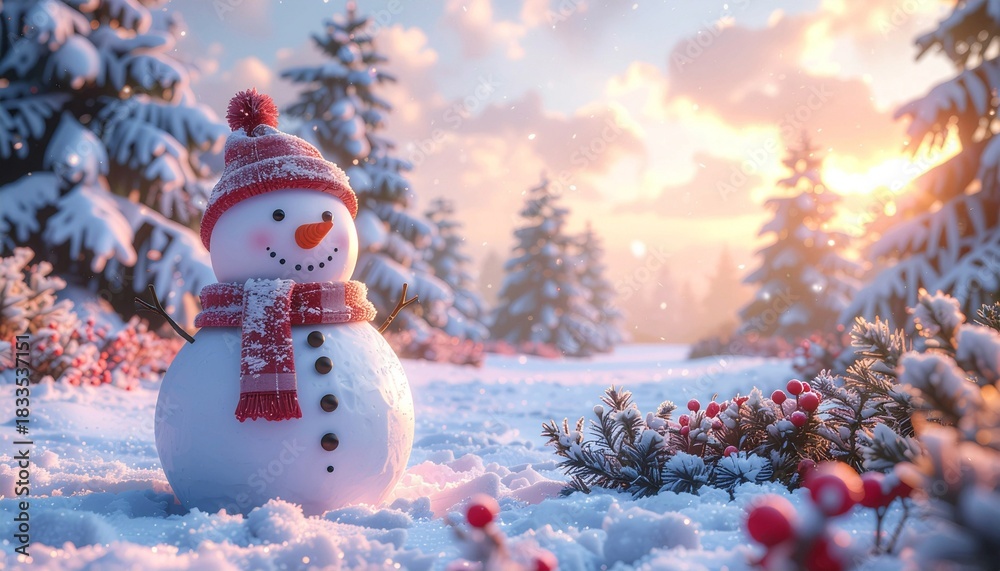 Fototapeta premium Christmas cute snowman in christmas snowy nature.