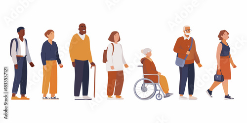 Diverse group of people standing or walking with disability inclusion concept
