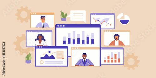 Virtual meeting with data charts and diverse participants illustration