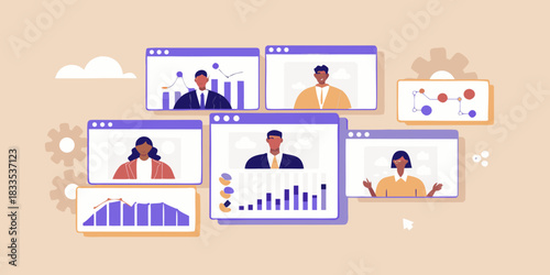 Virtual meeting with diverse team and data analysis charts illustration