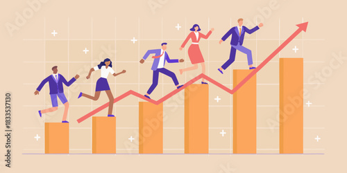 Business people running up a growing bar chart with arrow