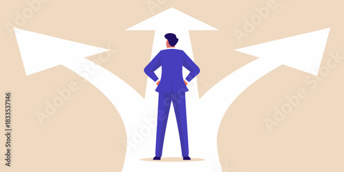 Businessman at crossroads choosing the right path for success