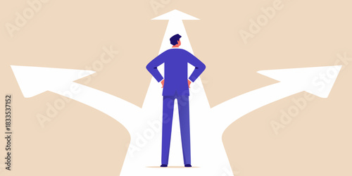 Businessman facing three diverging paths making a difficult decision