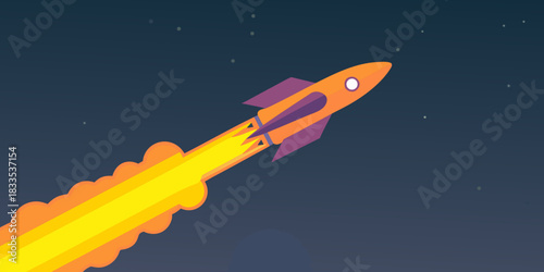 Cartoon rocket launching into space with fire and stars