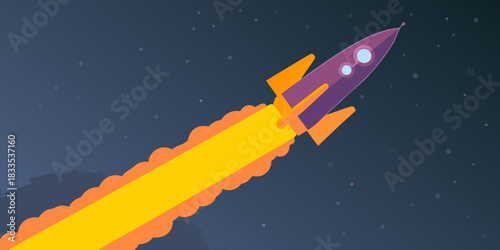 Cartoon rocket launching into space with stars and bright flame
