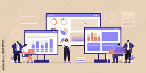 Business team analyzing data charts and graphs on multiple screens