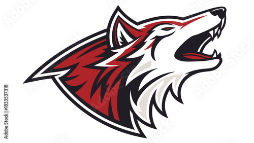 Illustration of a stylized wolf head with red and white fur howling with an open mouth design