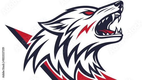 Illustration of a howling wolf with red eyes and accents on a white background design style