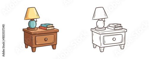 Colored and black and white cartoon drawing of a wooden nightstand with a lamp and a stack of books on top in a cozy, hand-drawn vector style