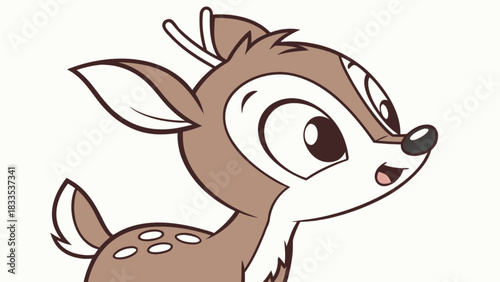 Illustration of a cartoon fawn with large eyes and spots looking to the right side view close up