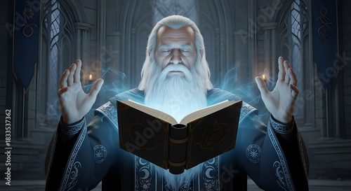 Elder mage summoning radiant energy from a floating tome