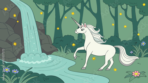 A white unicorn standing near a waterfall in a forest with glowing stars and colorful flowers around
