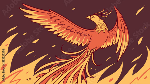 Illustration of a phoenix with its wings spread against a dark background with flames rising up