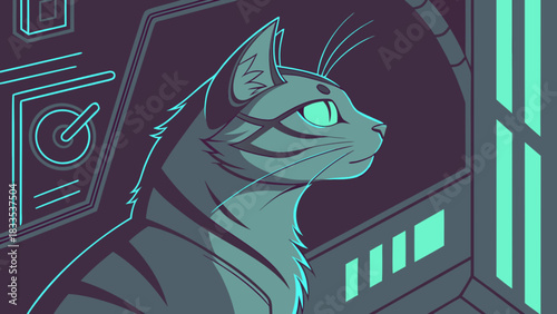 Illustration of a cat in a spaceship looking out the window with control panel in the background