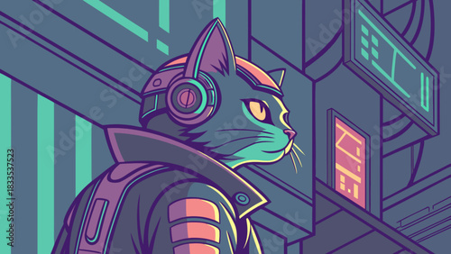 Cyberpunk cat with headphones and jacket standing in a futuristic city at night time scene view