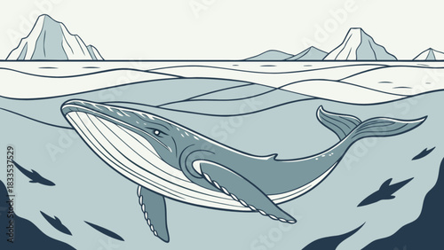 Illustration of a whale swimming in the ocean with mountains and icebergs in the background scene view