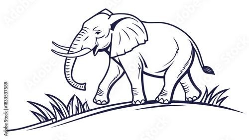 Illustration of an elephant walking on a grassy hill with detailed line work and clear outlines