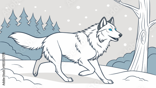 Illustration of a white wolf walking in a snowy winter landscape with trees and falling snow design art