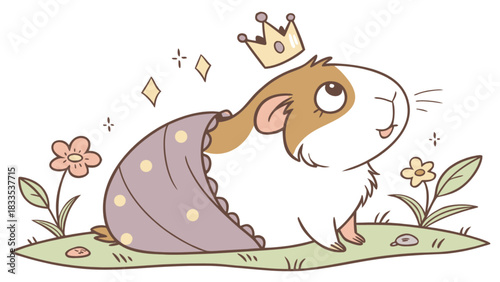 Illustration of a guinea pig wearing a crown and cape in a field with flowers and sparkles