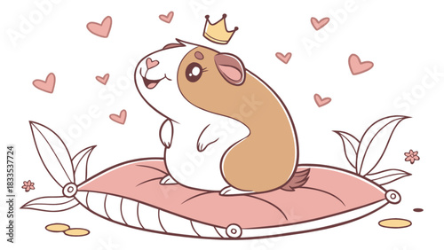 Cartoon guinea pig with a crown sitting on a pink pillow surrounded by hearts and decorative leaves