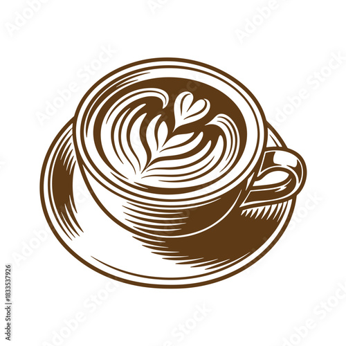 Artistic vintage sketch of a coffee cup with latte art served on a saucer illustration